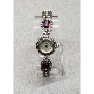 Vtg Art Deco Xanadu Watch Womens Silver Jeweled MOP Dial New Battery 6.5 21mm